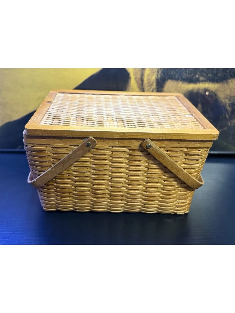 Vintage Woven Wood Picnic Basket Hinged Lid Dual Handles 15x11x9